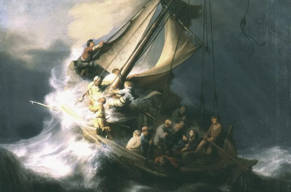 Rembrandt&rsquo;s painting of a small boat caught in a storm, its sail torn by the wind and its crew struggling against the waves