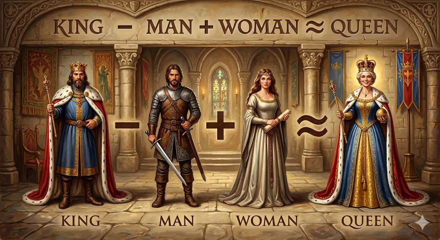 King - Man + Woman = Queen.